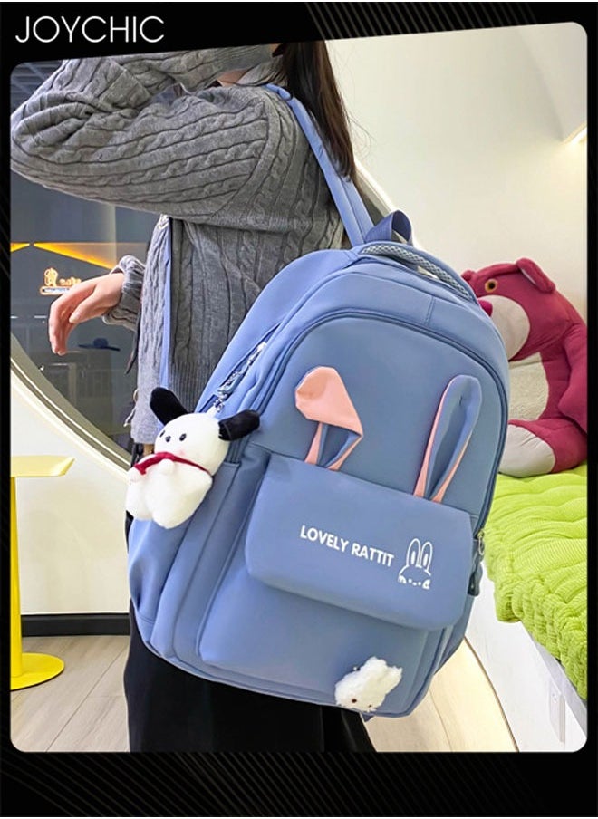4 Piece Lovely Pattern Canvas Large Capacity School Backpack Set Multifunction Brief School Bag with Pencil Pouch for Primary Middle High Students