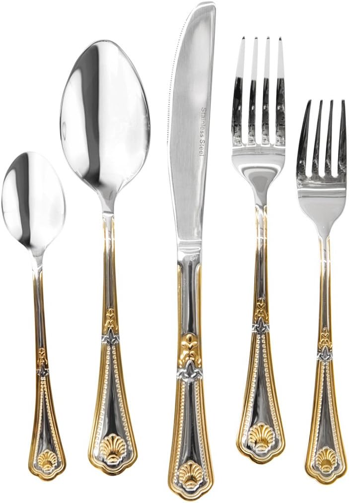 WORLD GIFTS Venezia Collection Seashell Flatware Set 20Piece Service for 4 1810 Stainless Steel Silverware Cutlery 24K Gold Plated Trim - Image 4