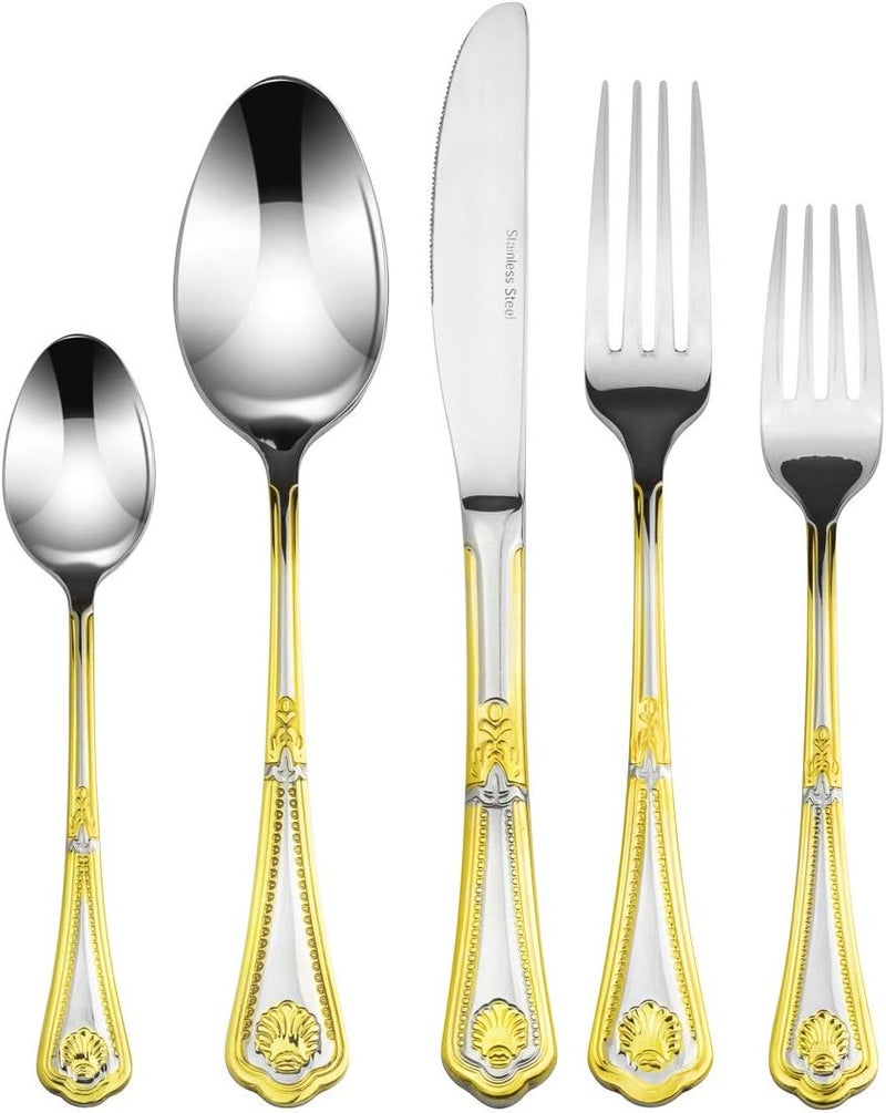 WORLD GIFTS Venezia Collection Seashell Flatware Set 20Piece Service for 4 1810 Stainless Steel Silverware Cutlery 24K Gold Plated Trim - Image 1