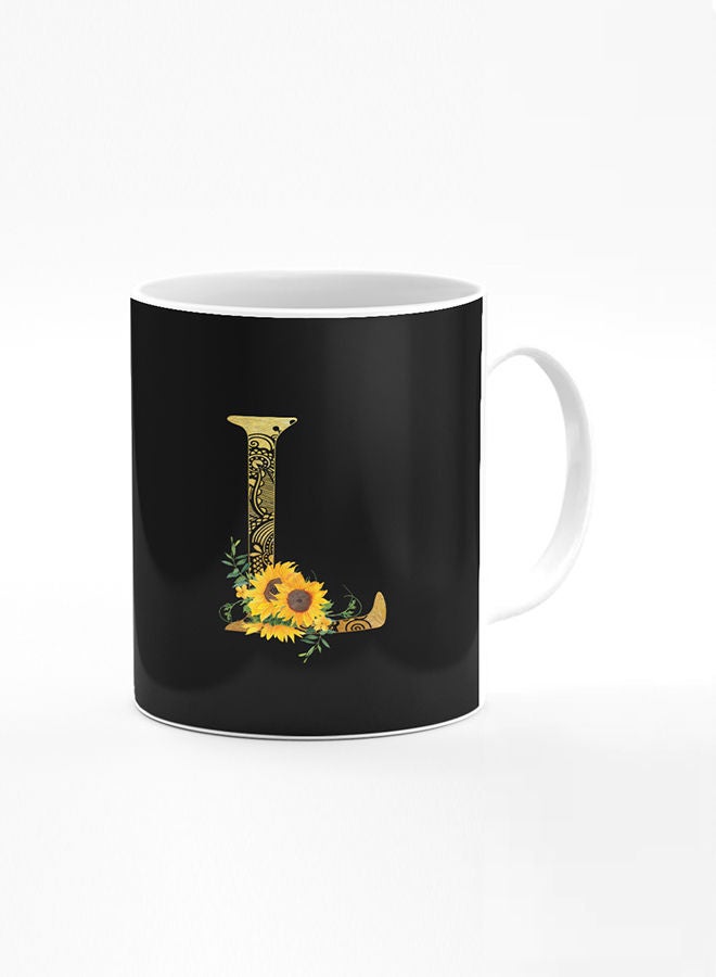Stylizedd Designer Printed Coffee Mug 11oz Ceramic Personalised Gift Mugs Cup Custom Monogram Initial Letter Mandala Floral Pattern Alphabet L (Black) - Image 1