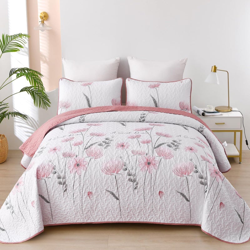 Dinjoy King Size Quilt Set Floral,3 Piece Pink/Blush Farmhouse Bedding Set Lightweight Flower Bedspreads White Coverlet Bed Sets Cute Fall Quilts for All Season(110"x90") - Image 1