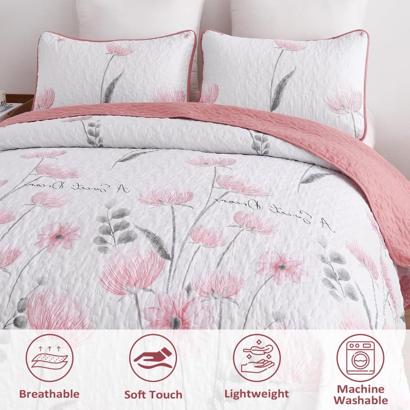 Dinjoy King Size Quilt Set Floral,3 Piece Pink/Blush Farmhouse Bedding Set Lightweight Flower Bedspreads White Coverlet Bed Sets Cute Fall Quilts for All Season(110"x90") - Image 4
