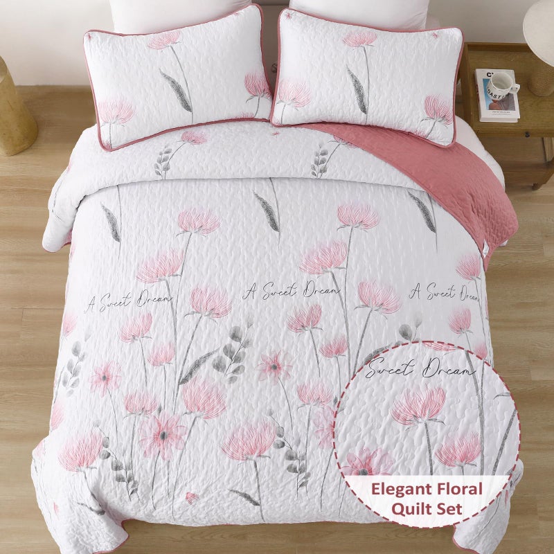 Dinjoy King Size Quilt Set Floral,3 Piece Pink/Blush Farmhouse Bedding Set Lightweight Flower Bedspreads White Coverlet Bed Sets Cute Fall Quilts for All Season(110"x90") - Image 2