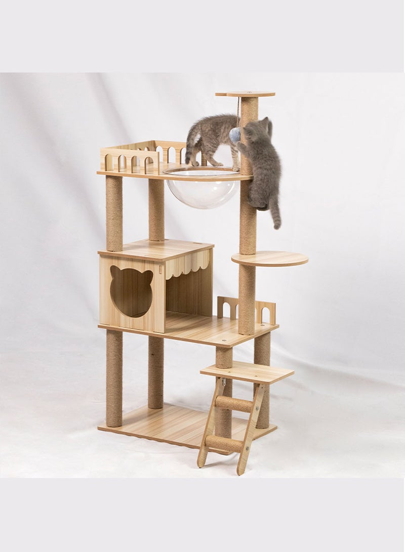 Modern Cat Tree with Acrylic space capsule 56 Inches Cat Tree No Carpet Multi-Level Rugged Density Board Cat Tower with Large Cat Condo Round Top Perch Scratching Post