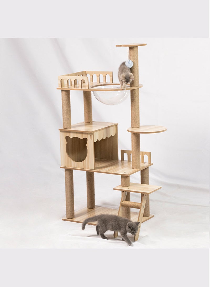 Modern Cat Tree with Acrylic space capsule 56 Inches Cat Tree No Carpet Multi-Level Rugged Density Board Cat Tower with Large Cat Condo Round Top Perch Scratching Post