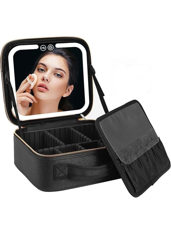 Large travel makeup bag, cosmetic organizer with LED mirror, professional portable beauty bag with high storage capacity for women and girls, adjustable divider organizer bag (black)
