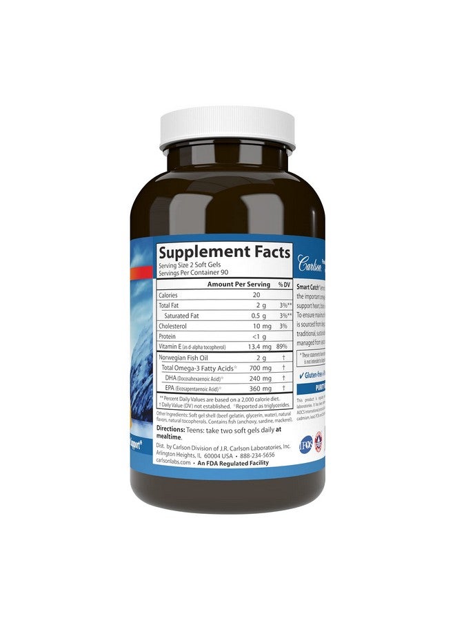 Carlson Carlson - Teen's Smart Catch, 700 mg Omega-3s, Cognitive Development, Brain Function & Vision Support, Lemon, 180 Softgels  - Image 2
