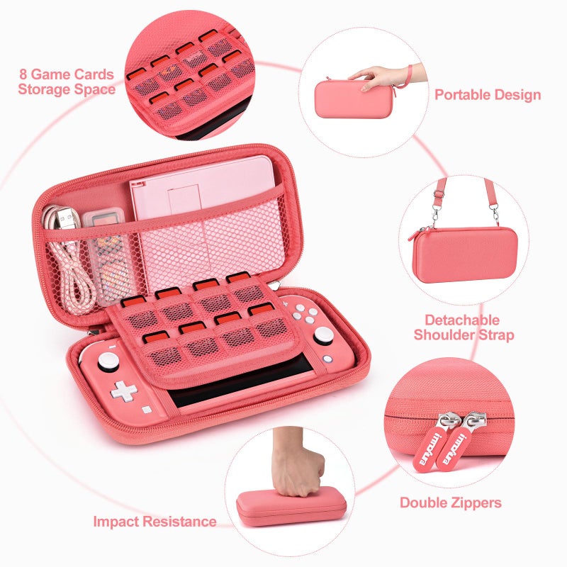 innoAura Switch Lite Case 18-in-1 Accessories Bundle for NS Switch Lite (2019), with Protective Carrying Case, Game Holder, Screen Protector & Cute Thumb Grips, Coral - Image 4