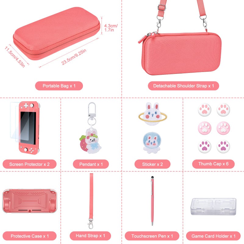 innoAura Switch Lite Case 18-in-1 Accessories Bundle for NS Switch Lite (2019), with Protective Carrying Case, Game Holder, Screen Protector & Cute Thumb Grips, Coral - Image 2