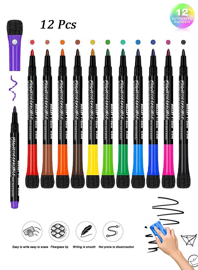 إم إكس إن أقلام سبورة بيضاء مغناطيسية جافة بـ 12 لونًا مع غطاء ممحاة - أقلام قابلة للمسح برأس دقيق، أقلام رسم خفيفة الرائحة مناسبة للسبورة البيضاء، الثلاجة، الفصل الدراسي، المكتب - Image 1