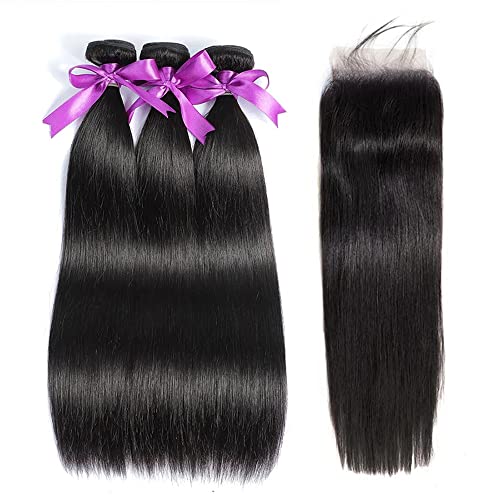 WOWQUEEN Straight Bundles with Closure Human Hair 20 22 24+18 Brazilian Human Hair Bundles with Closure Straight 100% Unprocessed Virgin Weave Hair Bundles with Lace Closure - Image 2
