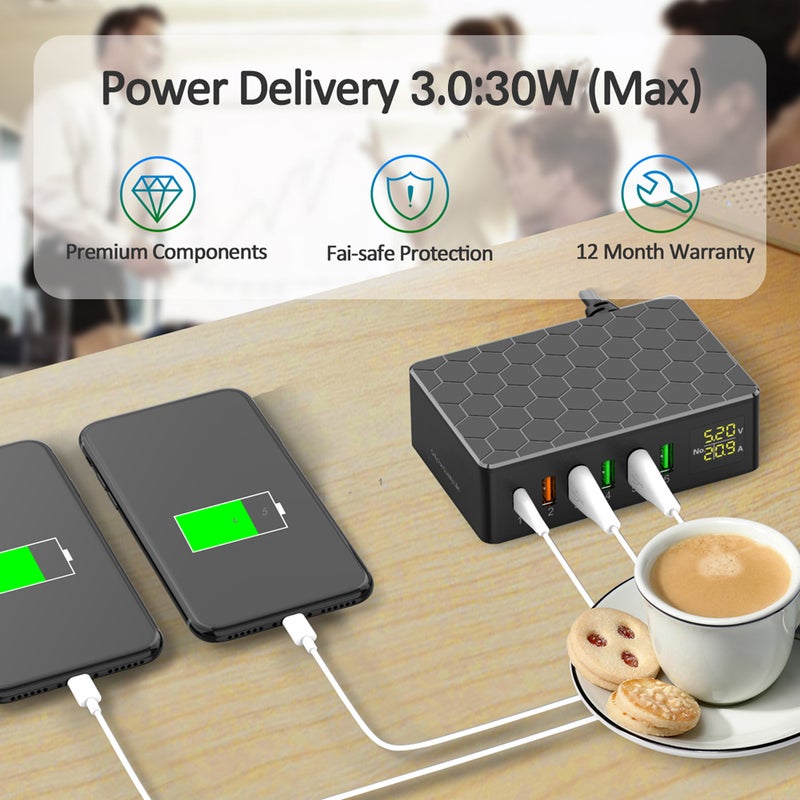 USB Charging Station 6-Port 65W QC3.0 USB Charger Station Multi Ports USB-A Charging Hub with LED Display Compact Desktop Charger for Multiple Devices - Image 3