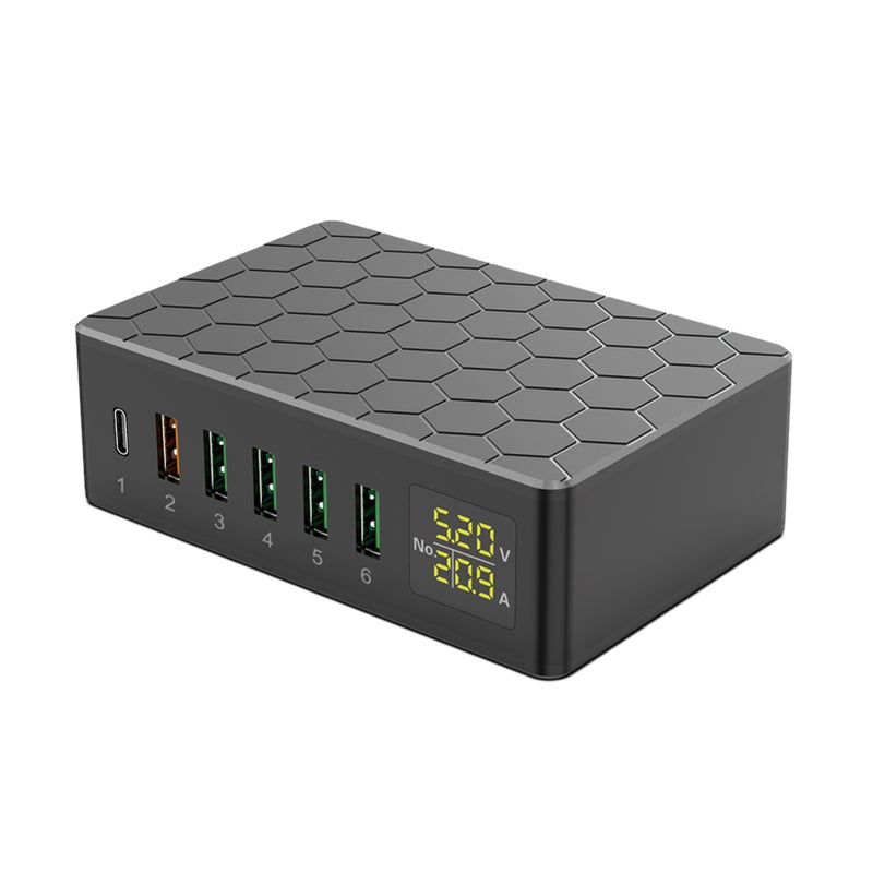 USB Charging Station 6-Port 65W QC3.0 USB Charger Station Multi Ports USB-A Charging Hub with LED Display Compact Desktop Charger for Multiple Devices - Image 1