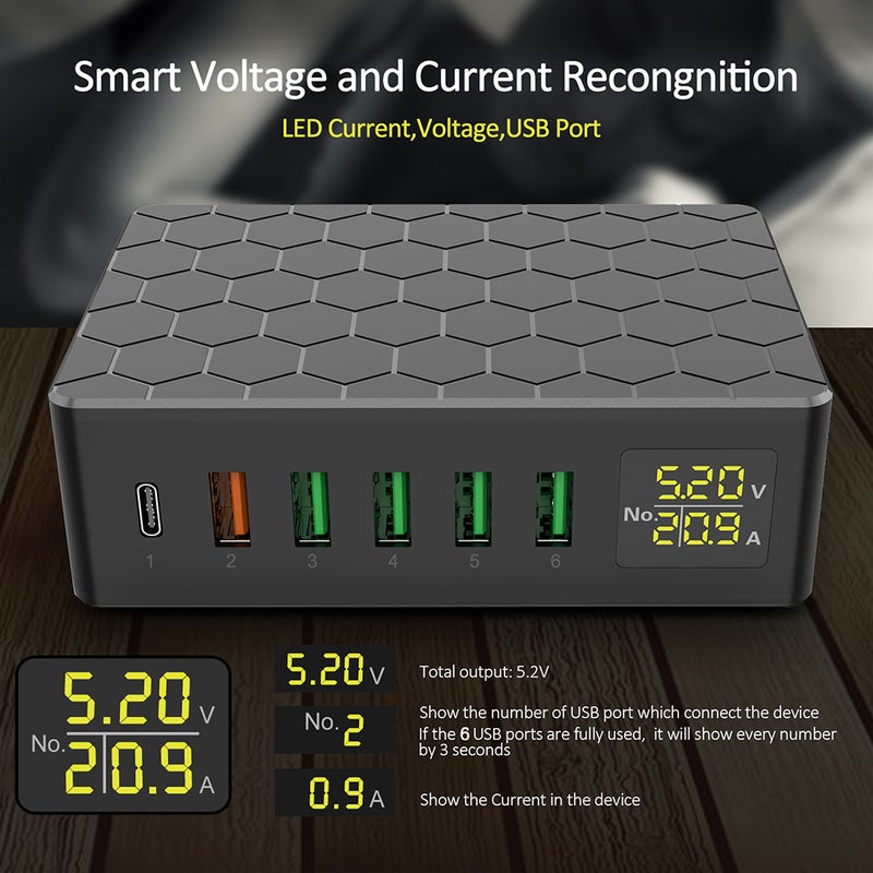 USB Charging Station 6-Port 65W QC3.0 USB Charger Station Multi Ports USB-A Charging Hub with LED Display Compact Desktop Charger for Multiple Devices - Image 4