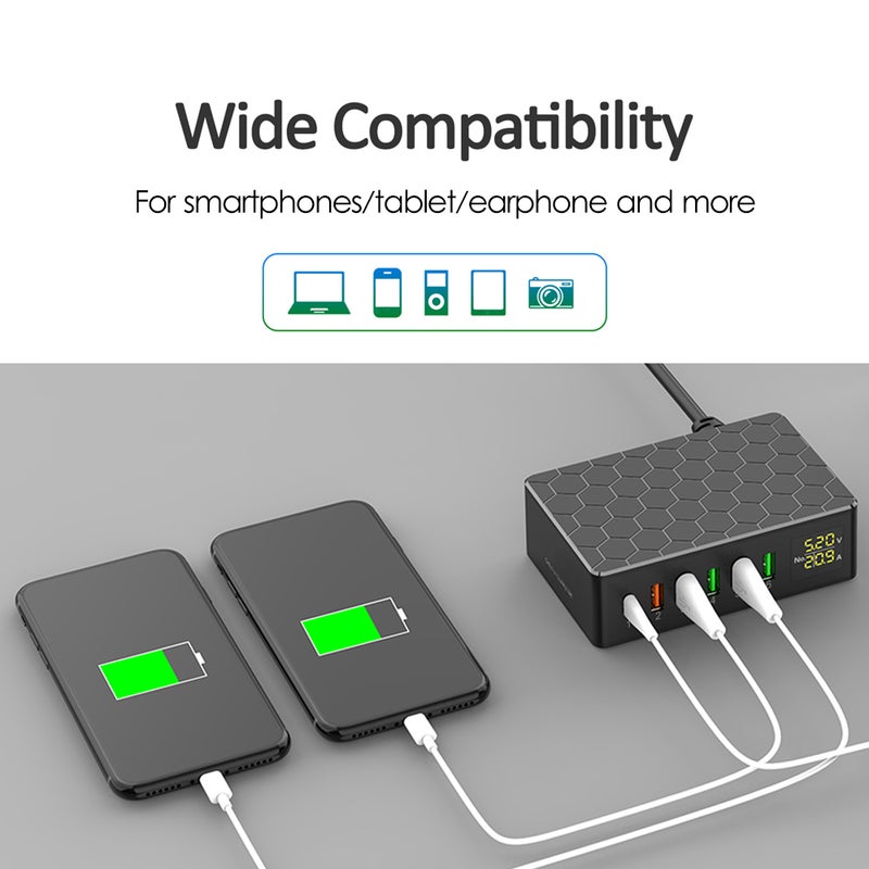 USB Charging Station 6-Port 65W QC3.0 USB Charger Station Multi Ports USB-A Charging Hub with LED Display Compact Desktop Charger for Multiple Devices - Image 2