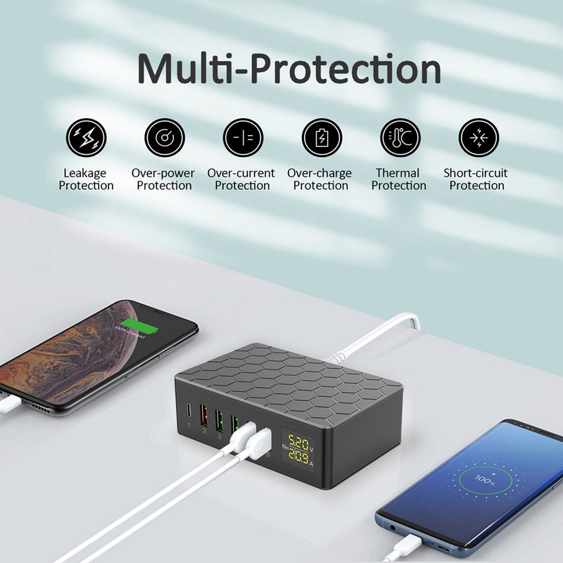 USB Charging Station 6-Port 65W QC3.0 USB Charger Station Multi Ports USB-A Charging Hub with LED Display Compact Desktop Charger for Multiple Devices - Image 5