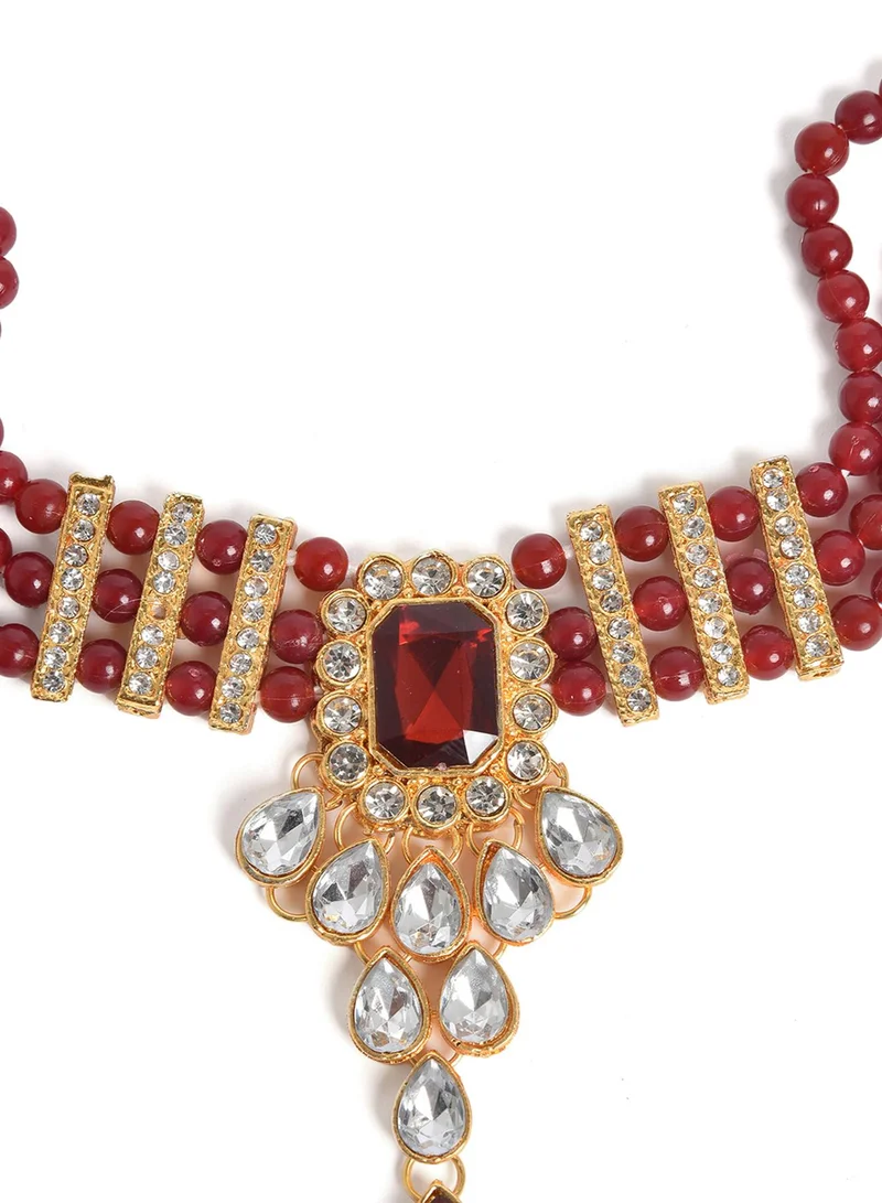 SOHI White & Red Stone-Studded & Pearl Beaded Artificial Jewellery Set