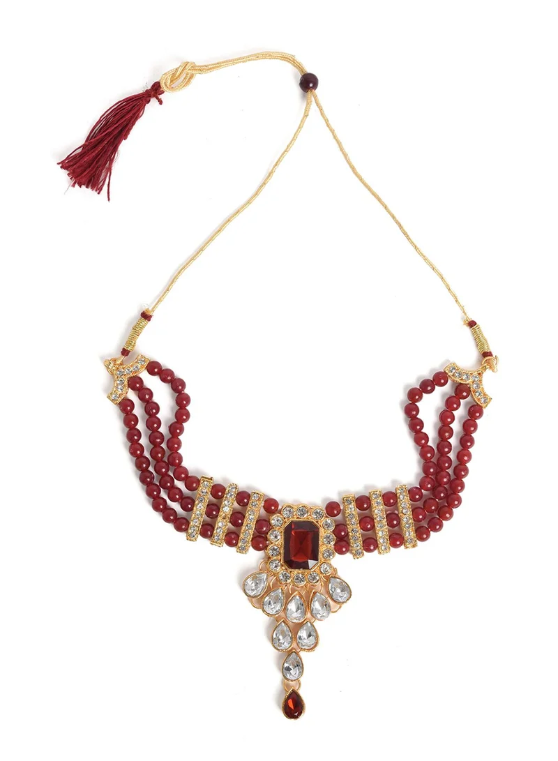 SOHI White & Red Stone-Studded & Pearl Beaded Artificial Jewellery Set