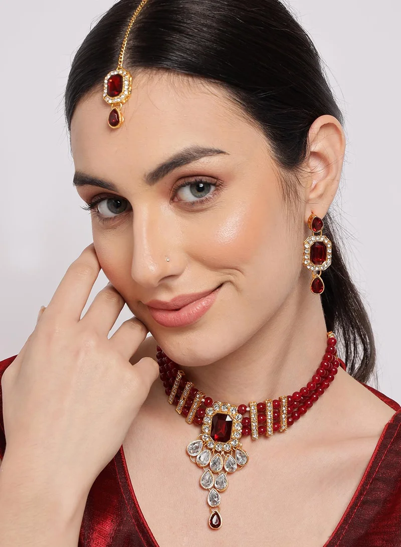 SOHI White & Red Stone-Studded & Pearl Beaded Artificial Jewellery Set