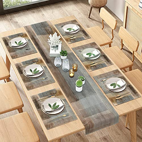 ArtSocket Farmhouse Table Runner and Placemats Set of 6 Abstract Brown Grey Painting Art Dining Decor for Daily Use1 Table Runner 72 inches Long and 6 Placemats