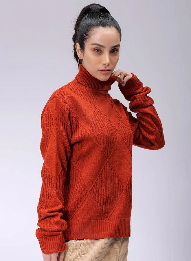 مرفوعة Women Relaxed Fit Argyle High Neck Sweater