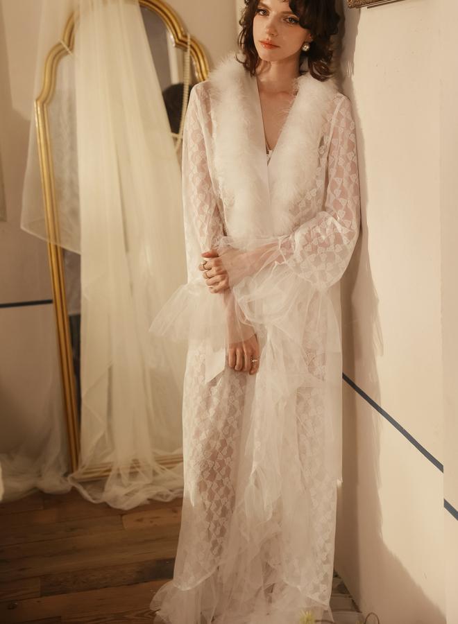 Take Two White Lace Robe with Feather Trim - Image 1
