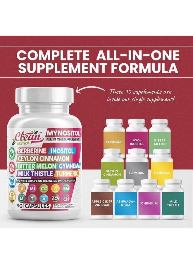 Clean Nutra Berberine Supplement with Ceylon Cinnamon, Bitter Melon, Inositol, Gynema Sylvestre, Milk Thistle, Turmeric Extract Berberis HCL Phytosome Capsules Vegan Supplements