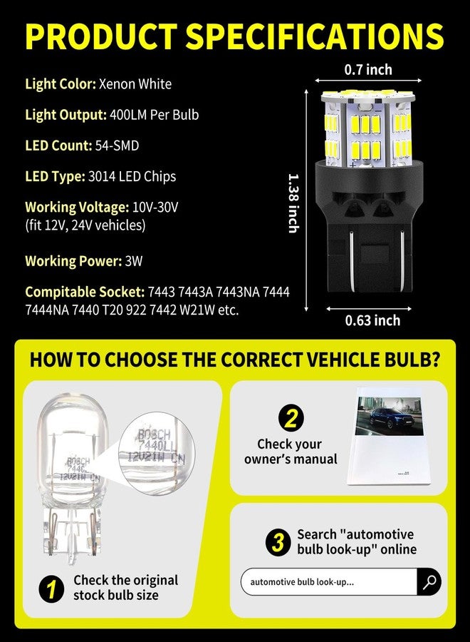 AUXLIGHT مصابيح AUXLIGHT 7443 LED، 54-SMD، سطوع فائق 300%، بديل لمصابيح 7444 7440 T20 922 7442 W21W LED للسيارات والشاحنات، مصابيح الرجوع للخلف، مصابيح الفرامل الخلفية، مصابيح الإشارة، لون أبيض زينون (عبوة من 6 مصابيح) - Image 2