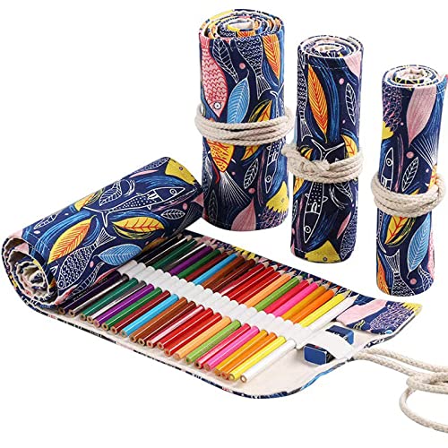 Maydahui Canvas Colored Pencil Roll Wrap 24/48/72 Slots Coloring Pencil Holder Organizer Storage Pouch Portable for Artist Drawing (Colorful Fish,24 Slots) - Image 1