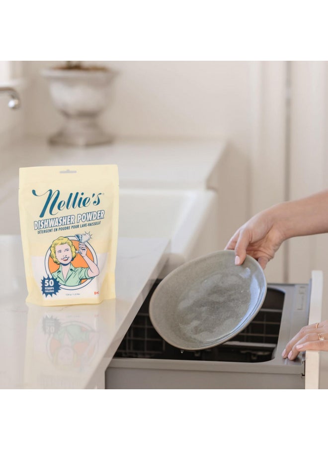 Nellie's Dishwasher Powder - Powerful Grease Removal, Biodegradable Formula, Eco-Friendly & Phosphate-Free, Plant-Based Cleaning for Sparkling Dishes - 50 Scoop Pouch