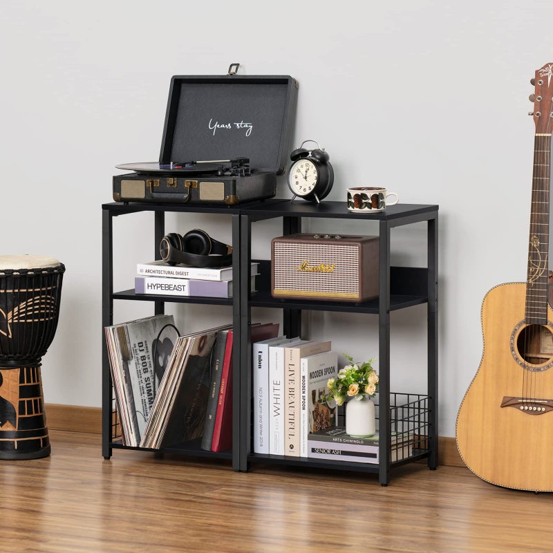 LELELINKY Black End Table, Small Side Table with Metal Frame,Modern Record Player Stand with Storage Shelf, Wood 3 Tier Sofa Bedside Tables, Narrow Nightstand for Living Room Bedroom Office - Image 4