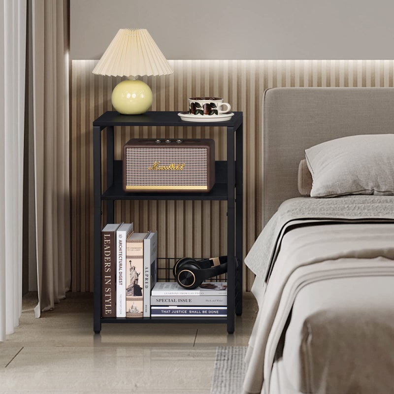 LELELINKY Black End Table, Small Side Table with Metal Frame,Modern Record Player Stand with Storage Shelf, Wood 3 Tier Sofa Bedside Tables, Narrow Nightstand for Living Room Bedroom Office - Image 3