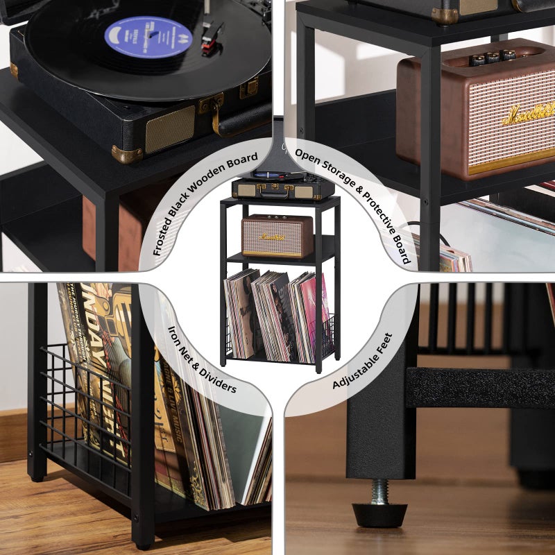 LELELINKY Black End Table, Small Side Table with Metal Frame,Modern Record Player Stand with Storage Shelf, Wood 3 Tier Sofa Bedside Tables, Narrow Nightstand for Living Room Bedroom Office - Image 5