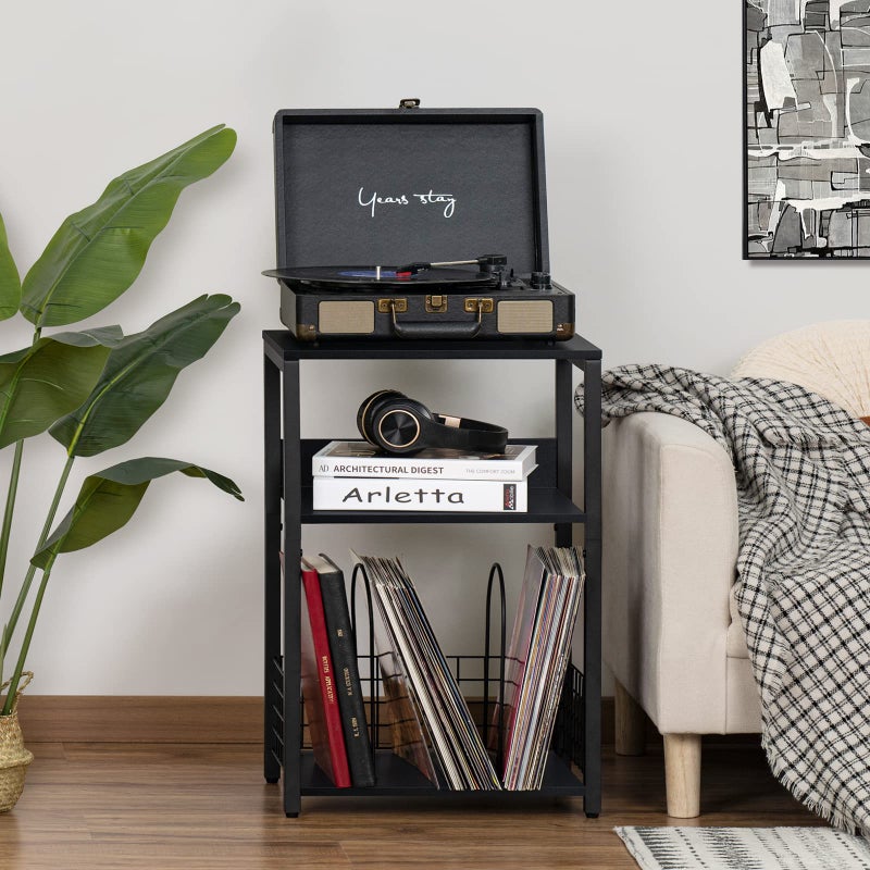 LELELINKY Black End Table, Small Side Table with Metal Frame,Modern Record Player Stand with Storage Shelf, Wood 3 Tier Sofa Bedside Tables, Narrow Nightstand for Living Room Bedroom Office - Image 2
