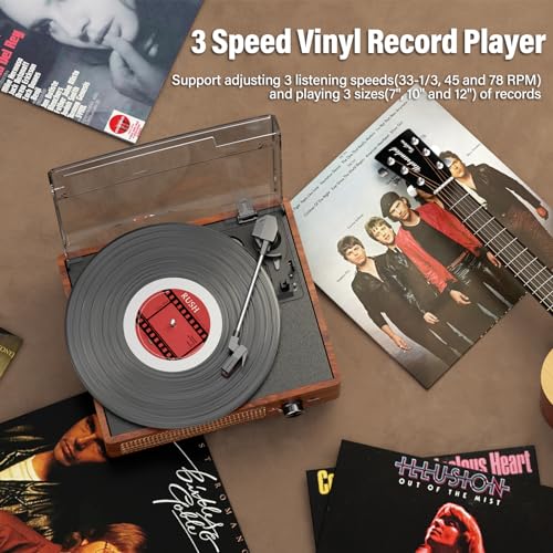 cotsoco Record Player for Vinyl with 2 Build-in Speakers LP Vinyl Players Belt-Driven Vintage Turntables 3 Speed 3 Size, Wireless Bluetooth Playback, AUX-in, RCA Out, Headphone, Auto Stop Orange - Image 5