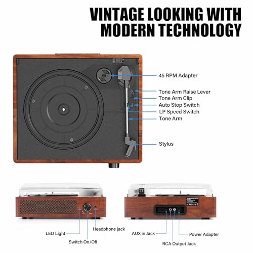 cotsoco Record Player for Vinyl with 2 Build-in Speakers LP Vinyl Players Belt-Driven Vintage Turntables 3 Speed 3 Size, Wireless Bluetooth Playback, AUX-in, RCA Out, Headphone, Auto Stop Orange - Image 2