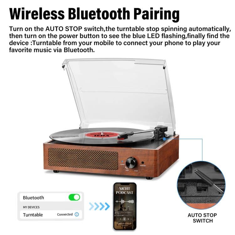 cotsoco Record Player for Vinyl with 2 Build-in Speakers LP Vinyl Players Belt-Driven Vintage Turntables 3 Speed 3 Size, Wireless Bluetooth Playback, AUX-in, RCA Out, Headphone, Auto Stop Orange - Image 3