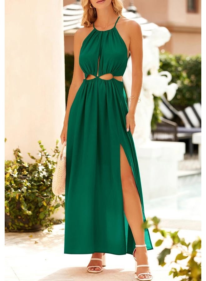 BTFBM Women Halter Summer Dresses 2025 Sleeveless Cutout Backless Sundress Slit Boho Casual Maxi Wedding Beach Dress, Dark Green, M - Image 5
