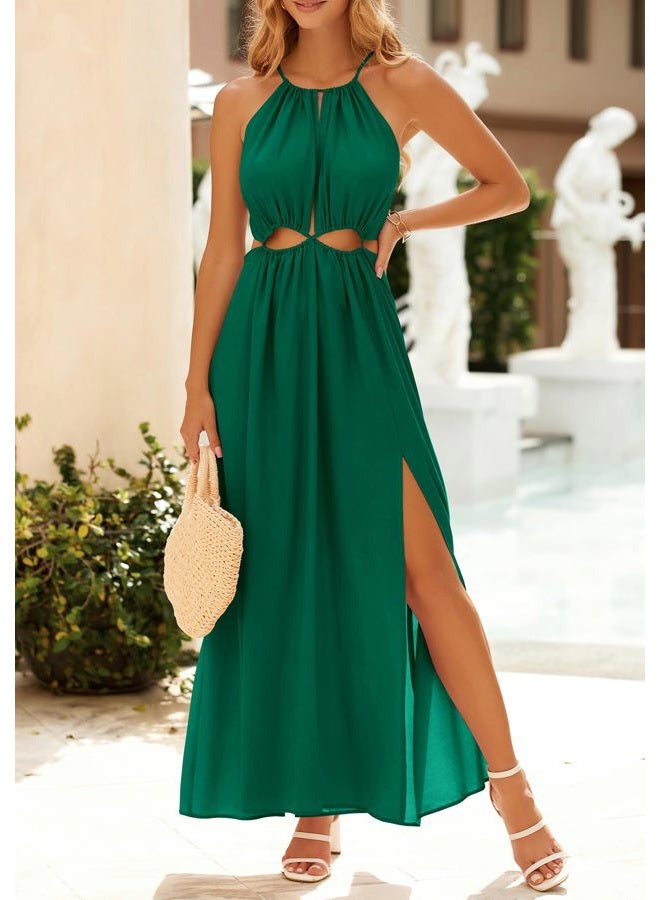 BTFBM Women Halter Summer Dresses 2025 Sleeveless Cutout Backless Sundress Slit Boho Casual Maxi Wedding Beach Dress, Dark Green, M - Image 3