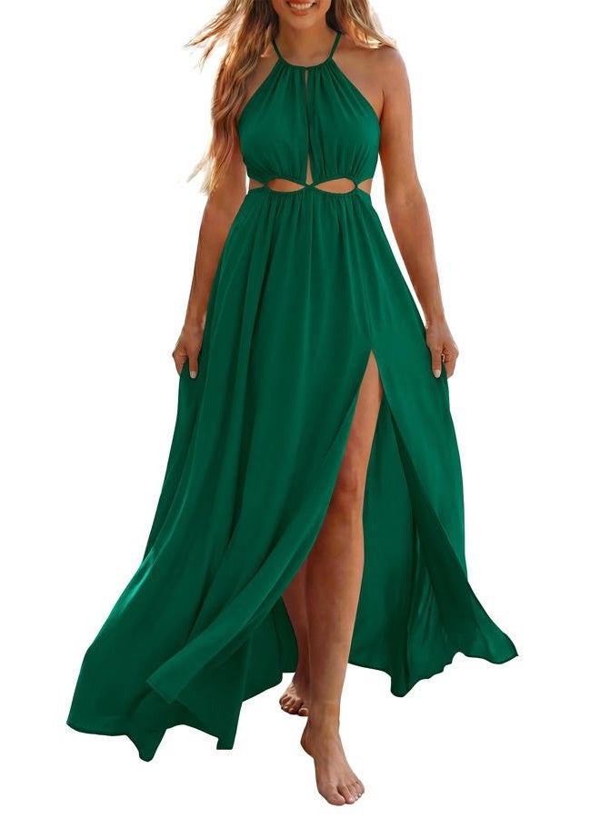 BTFBM Women Halter Summer Dresses 2025 Sleeveless Cutout Backless Sundress Slit Boho Casual Maxi Wedding Beach Dress, Dark Green, M - Image 1