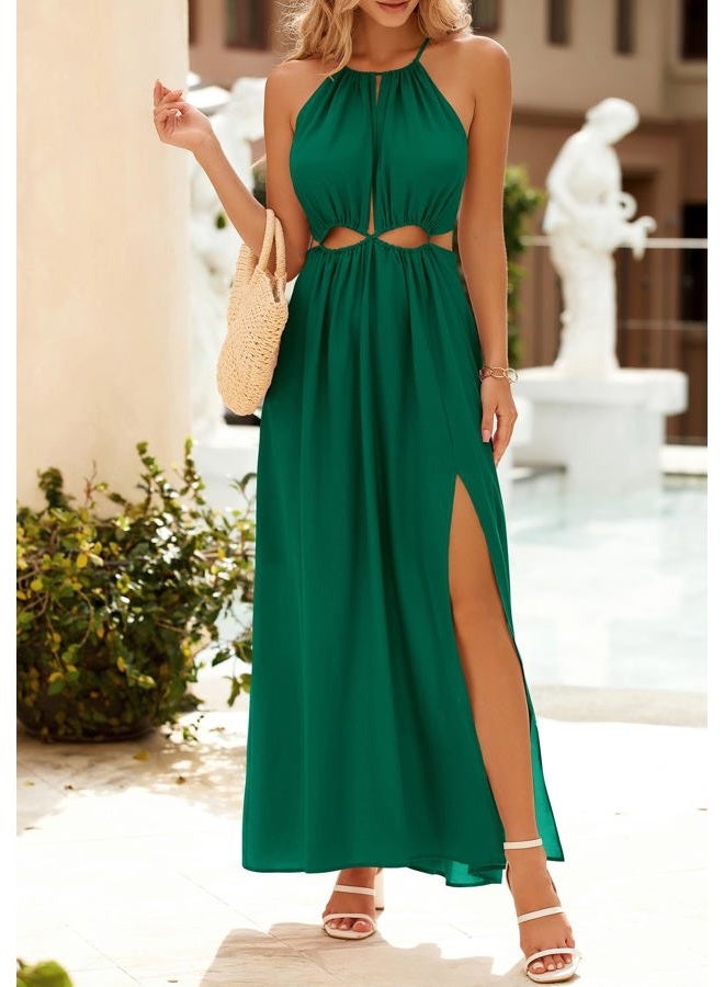 BTFBM Women Halter Summer Dresses 2025 Sleeveless Cutout Backless Sundress Slit Boho Casual Maxi Wedding Beach Dress, Dark Green, M - Image 2