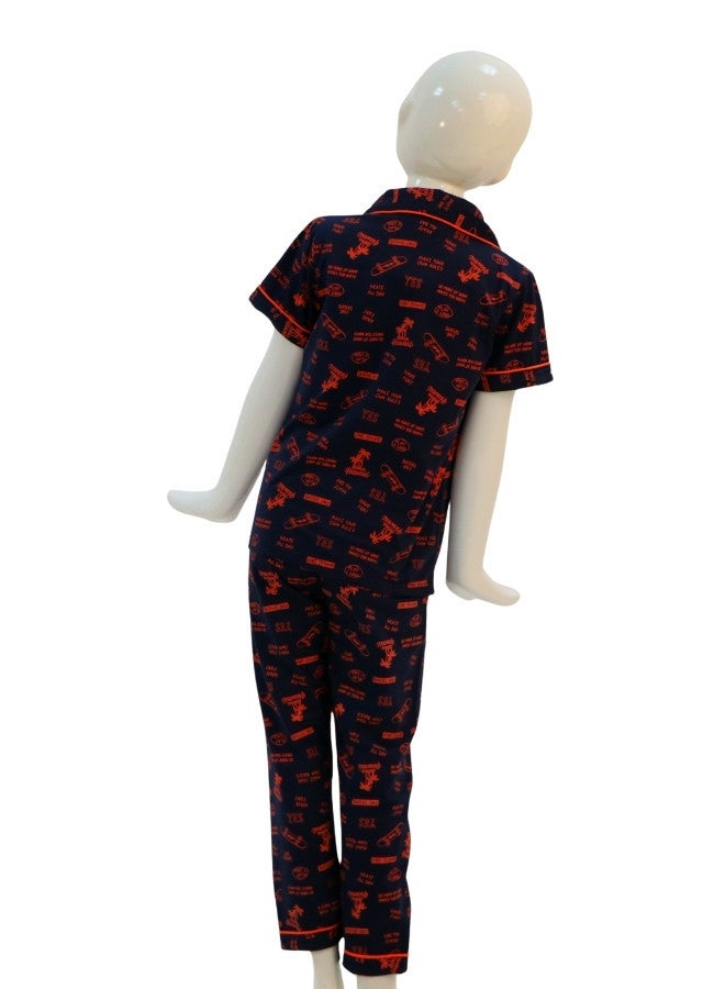 JOANNA JOANNA Boy's Printed Button Down Shirt & Trouser Pajama Set, Navy/Red  - Image 5