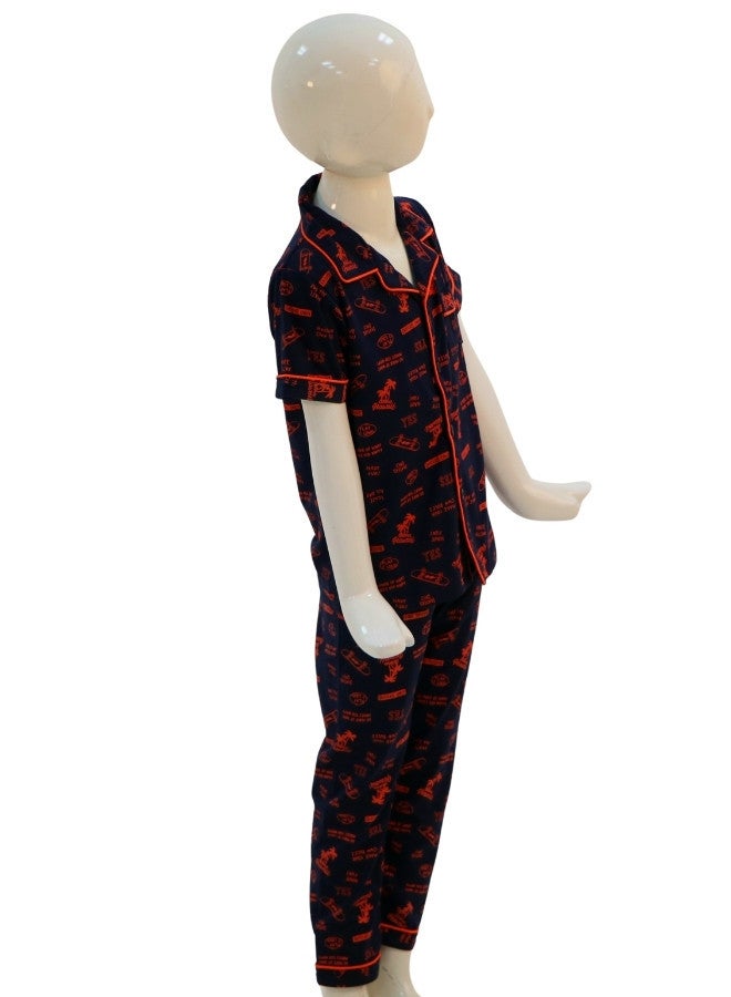 JOANNA JOANNA Boy's Printed Button Down Shirt & Trouser Pajama Set, Navy/Red  - Image 4