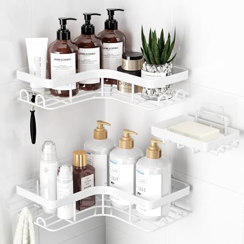 Sakugi Corner Shower Caddy 3Pack Shower Organizer with Soap Holder BuiltIn Hooks Rustproof Metal Shower Shelves Laundry Kitchen Bathroom Organizers and Storage Solution Large White - Image 1