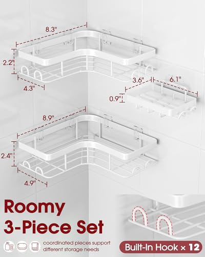 Sakugi Corner Shower Caddy 3Pack Shower Organizer with Soap Holder BuiltIn Hooks Rustproof Metal Shower Shelves Laundry Kitchen Bathroom Organizers and Storage Solution Large White - Image 3