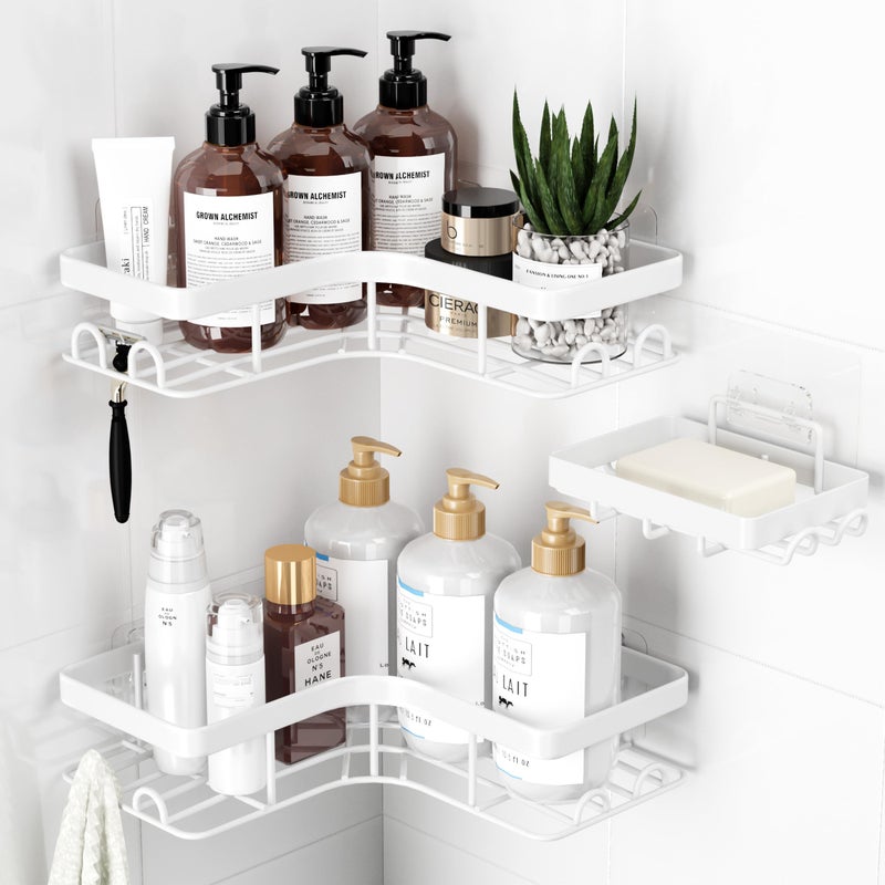 Sakugi Corner Shower Caddy 3Pack Shower Organizer with Soap Holder BuiltIn Hooks Rustproof Metal Shower Shelves Laundry Kitchen Bathroom Organizers and Storage Solution Large White - Image 2