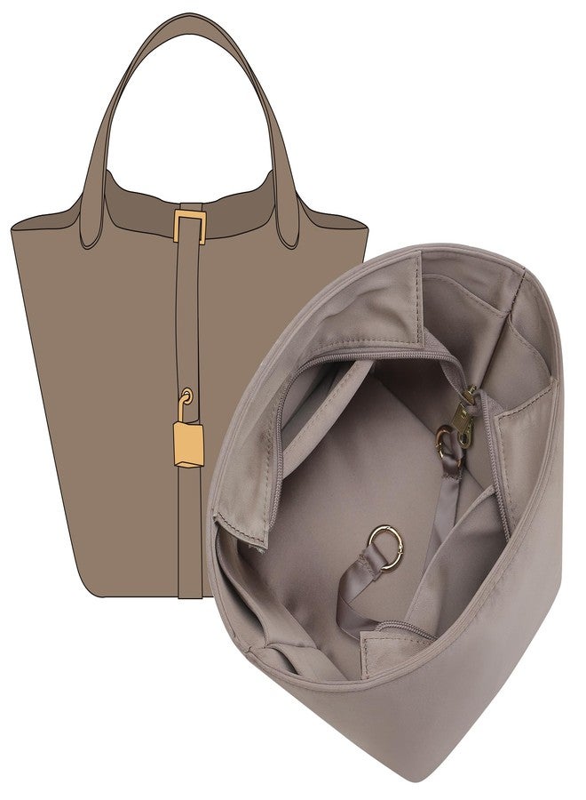 Doxo Picotin 18 Luxury Satin Purse Organizer Insert, Silky Smooth Picotin 18 Bag Insert with Multiple Pockets, Soft Touch Inner Liner for Women's Handbags, Fits Hermes Style Picotin Bags(PC18, Etoupe Grey) - Image 1