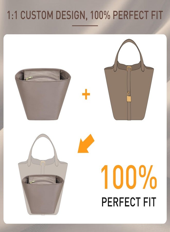 Doxo Picotin 18 Luxury Satin Purse Organizer Insert, Silky Smooth Picotin 18 Bag Insert with Multiple Pockets, Soft Touch Inner Liner for Women's Handbags, Fits Hermes Style Picotin Bags(PC18, Etoupe Grey) - Image 3