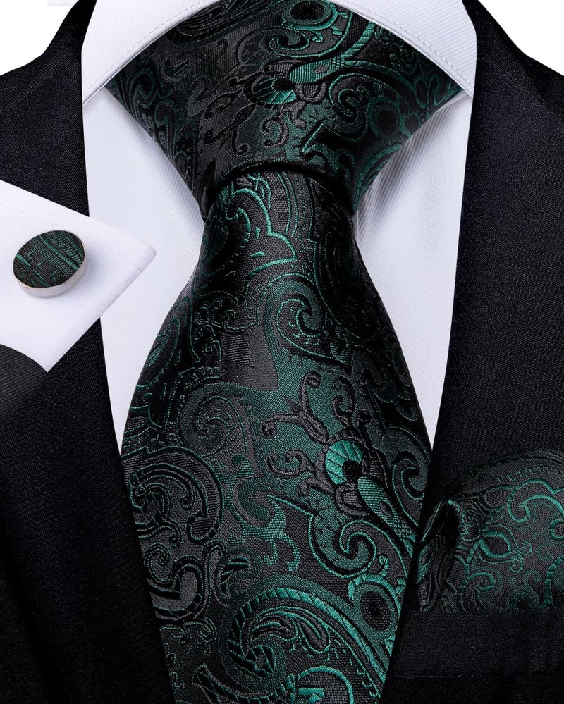 DiBanGu Paisley Mens Tie Set Black Green Tie Silk Woven Jacquard Necktie and Pocket Square Cufflinks Set Formal Bussiness - Image 2