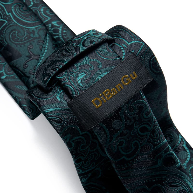 DiBanGu Paisley Mens Tie Set Black Green Tie Silk Woven Jacquard Necktie and Pocket Square Cufflinks Set Formal Bussiness - Image 4